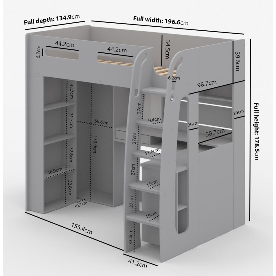 High Sleeper Loft Bed with Desk and Wardrobe in Grey - Carter