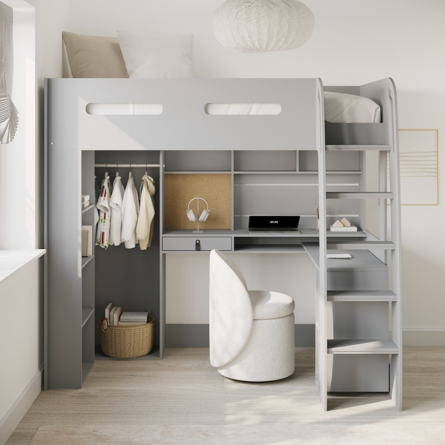 High Sleeper Loft Bed with Desk and Wardrobe in Grey - Carter