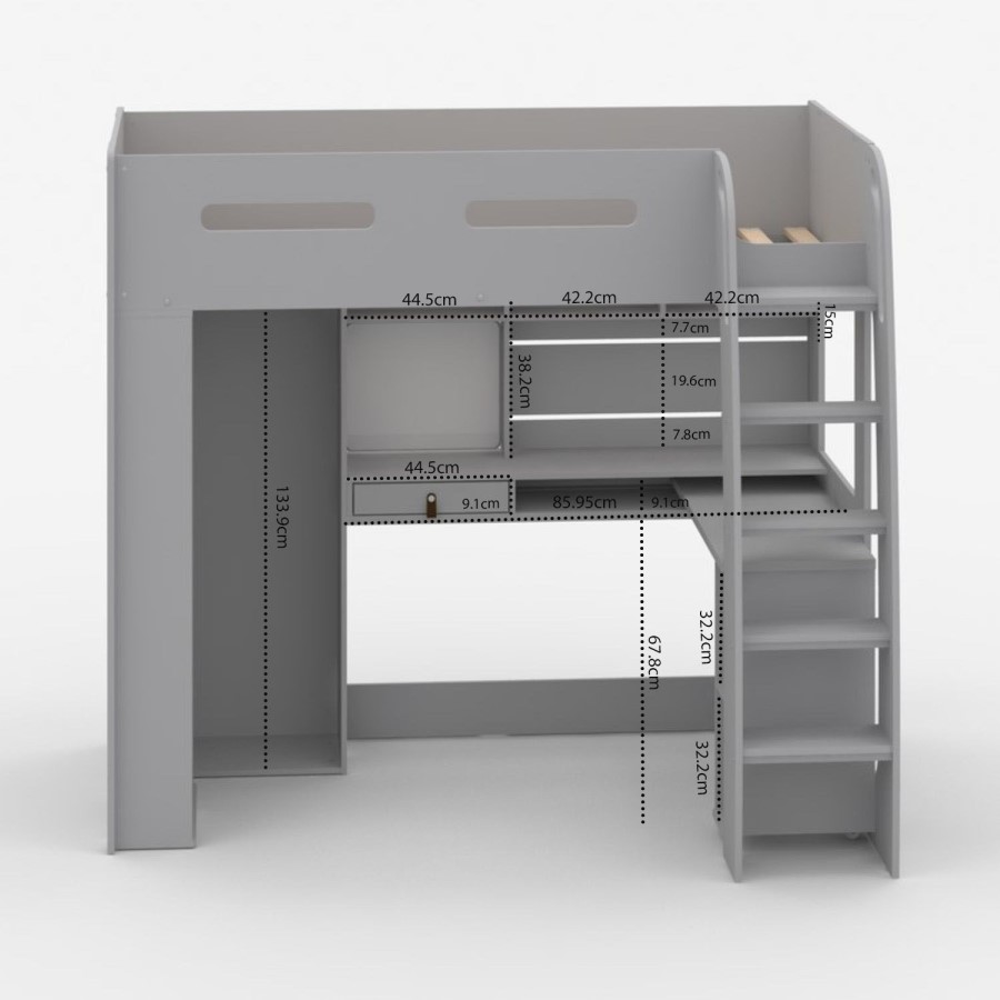 High Sleeper Loft Bed with Desk and Wardrobe in Grey - Carter