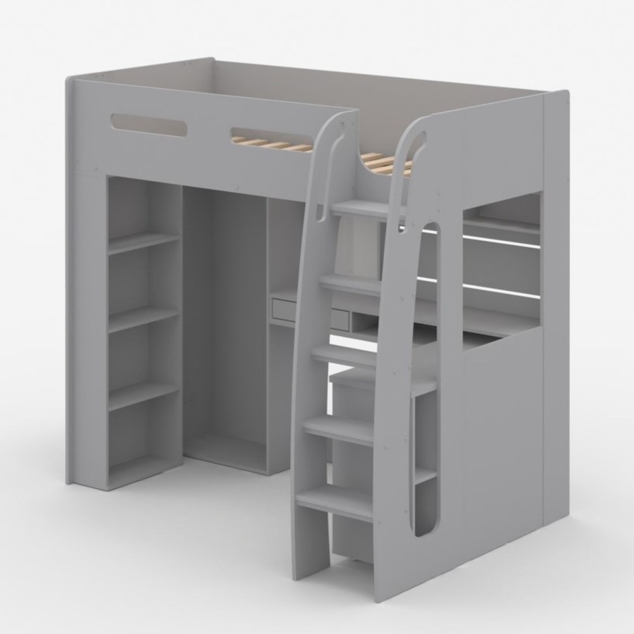 High Sleeper Loft Bed with Desk and Wardrobe in Grey - Carter