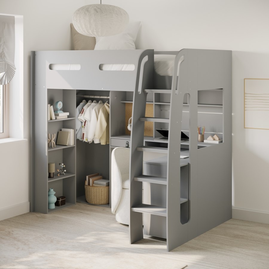 High Sleeper Loft Bed with Desk and Wardrobe in Grey - Carter