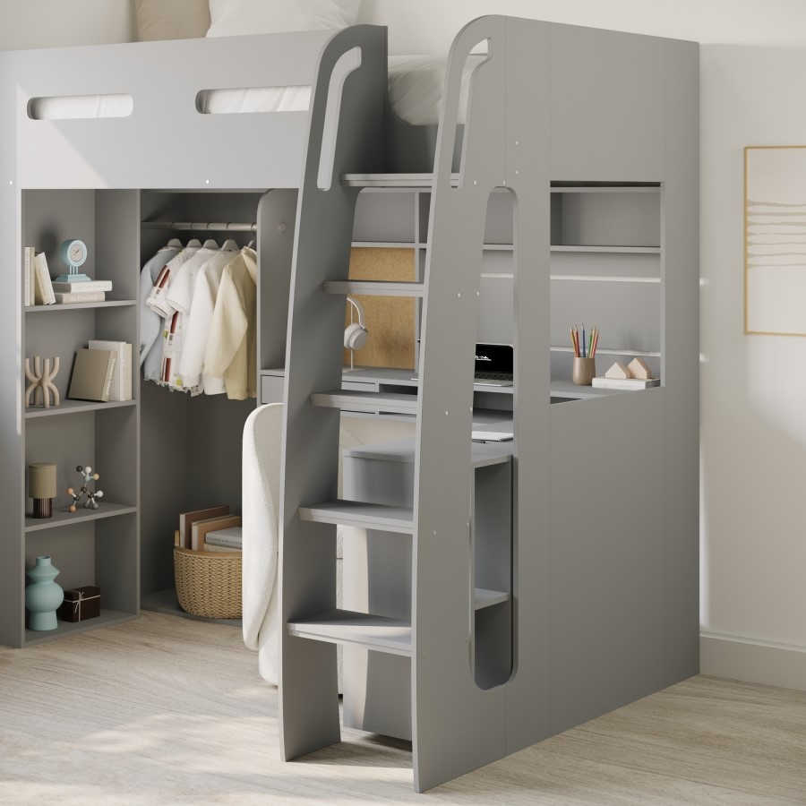 High Sleeper Loft Bed with Desk and Wardrobe in Grey - Carter