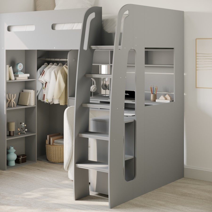 High Sleeper Loft Bed with Desk and Wardrobe in Grey - Carter