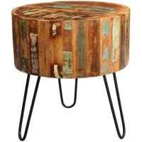 Coastal Reclaimed Wood Vintage Drum Side Table with Hairpin Legs