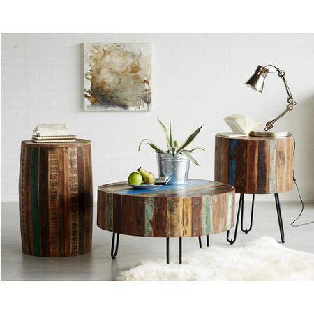 Coastal Reclaimed Wood Vintage Drum Side Table with Hairpin Legs
