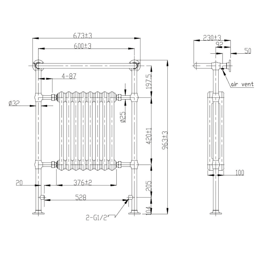 Taylor & Moore Traditional Chrome Heated Towel Rail - 963 x 673 x 230mm