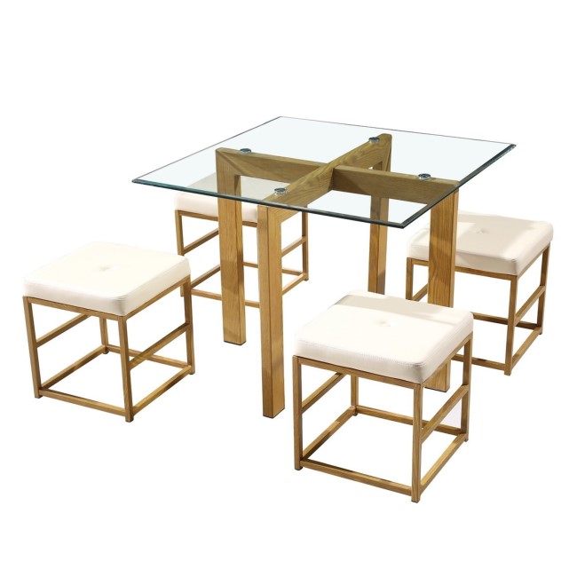 LPD Glass cube dining set with cream faux leather seat pads