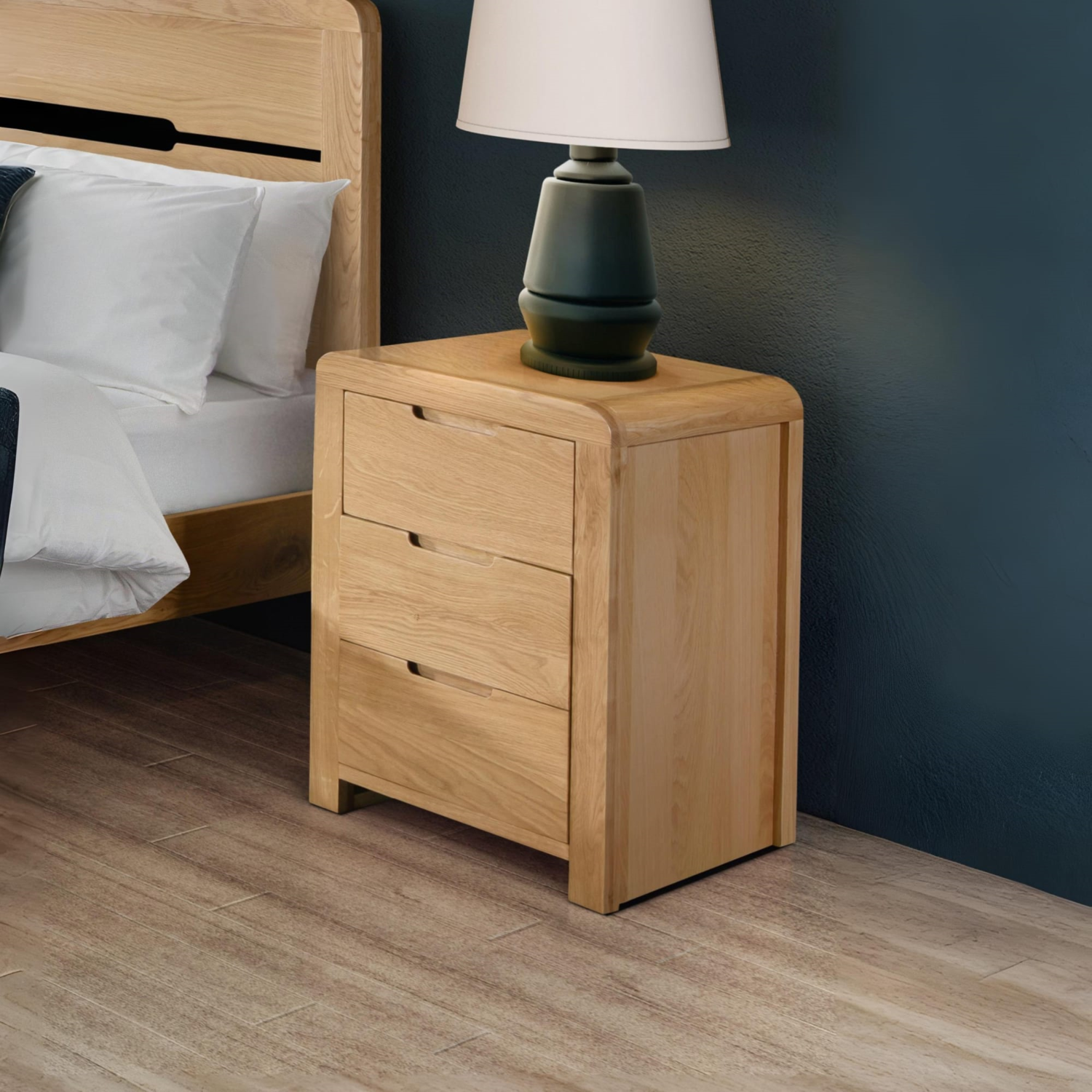 Curved Oak Modern 3 Drawer Bedside Table - Julian Bowen