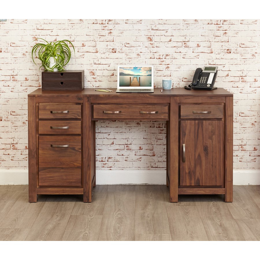 GRADE A3 - Baumhaus Mayan Solid Walnut Twin Pedestal Computer Desk