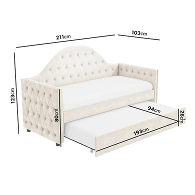 Single Day Bed Sofa with Trundle in Cream Velvet - Dakota