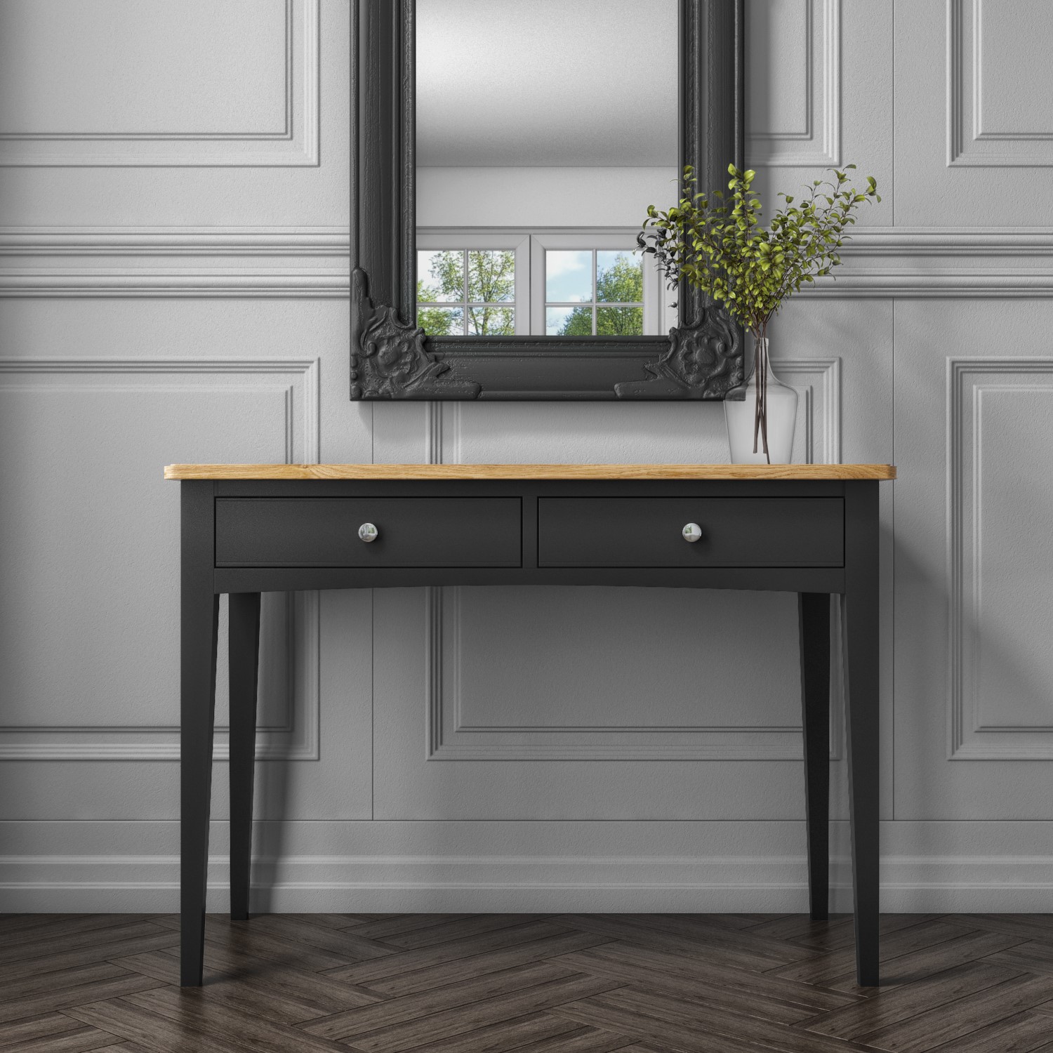 grey and wood dressing table