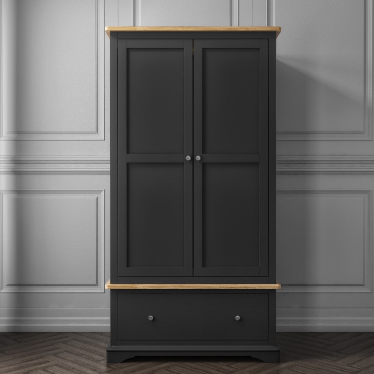 Darley Dark Grey Double Wardrobe in Solid Oak with Drawer