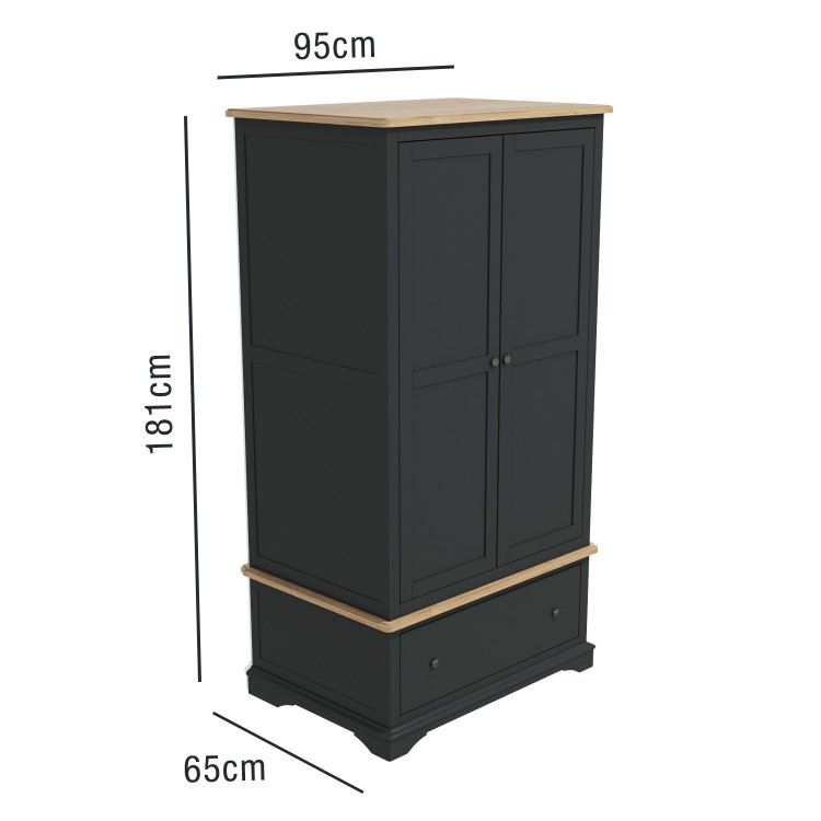 Darley Dark Grey Double Wardrobe in Solid Oak with Drawer