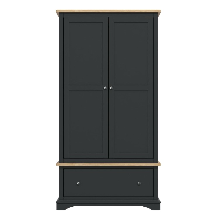 Darley Dark Grey Double Wardrobe in Solid Oak with Drawer