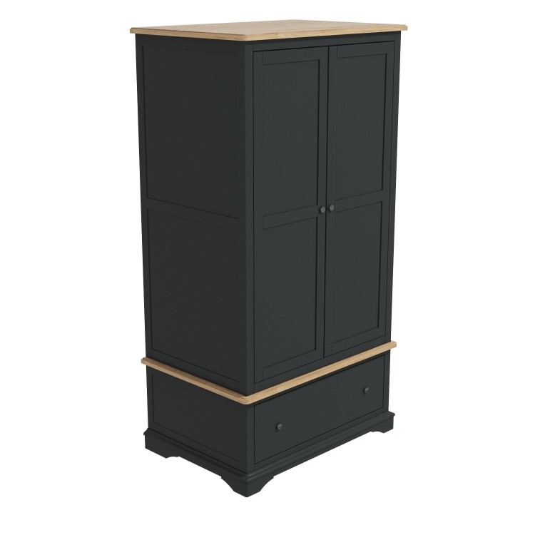 Darley Dark Grey Double Wardrobe in Solid Oak with Drawer