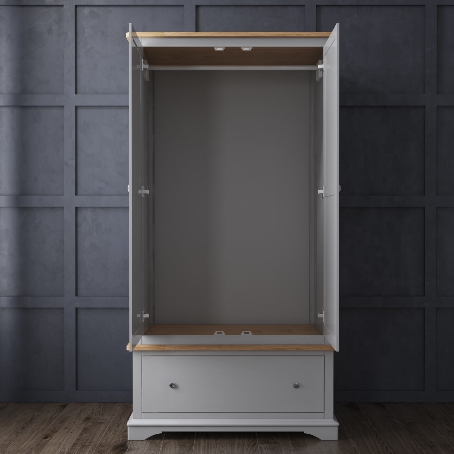 Grey Solid Oak 2 Door Double Wardrobe with Drawer - Darley