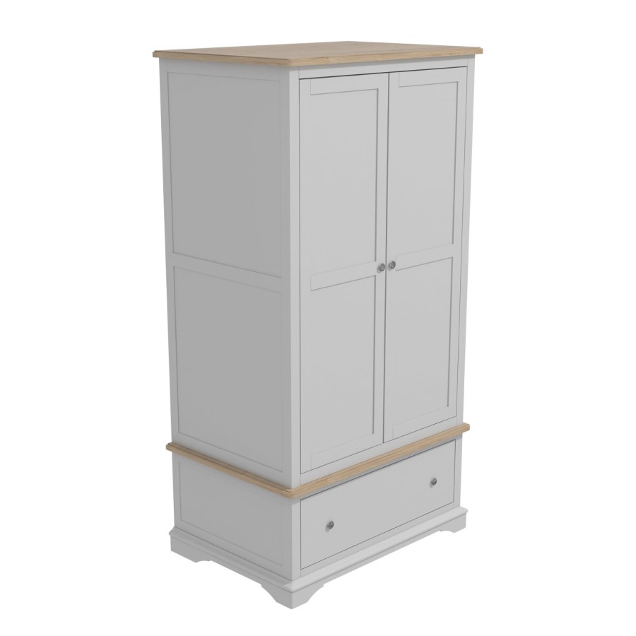 Grey Solid Oak 2 Door Double Wardrobe with Drawer - Darley