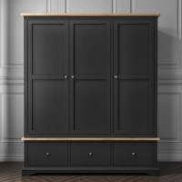 Darley Dark Grey Triple Wardrobe in Solid Oak with Drawers