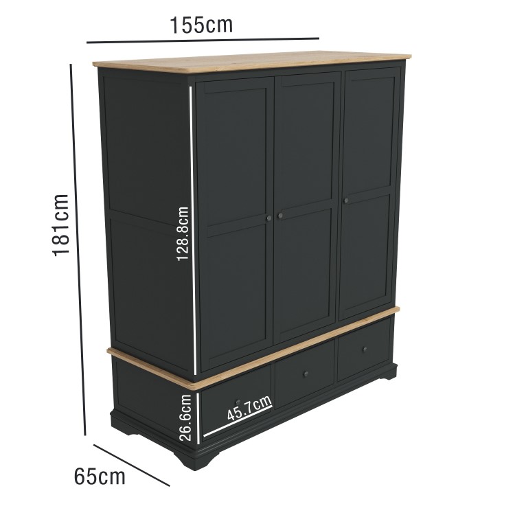 Darley Dark Grey Triple Wardrobe in Solid Oak with Drawers