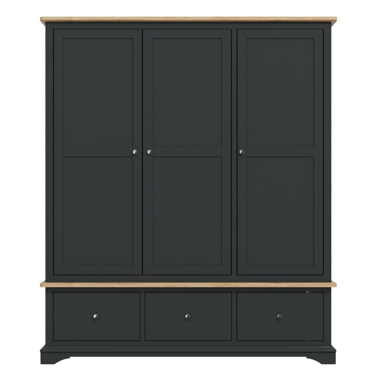 Darley Dark Grey Triple Wardrobe in Solid Oak with Drawers