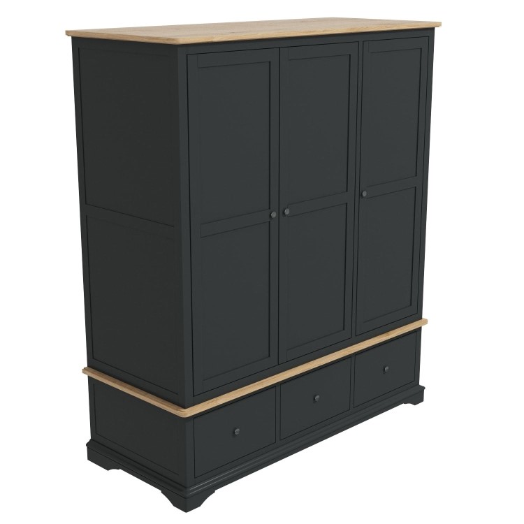 Darley Dark Grey Triple Wardrobe in Solid Oak with Drawers