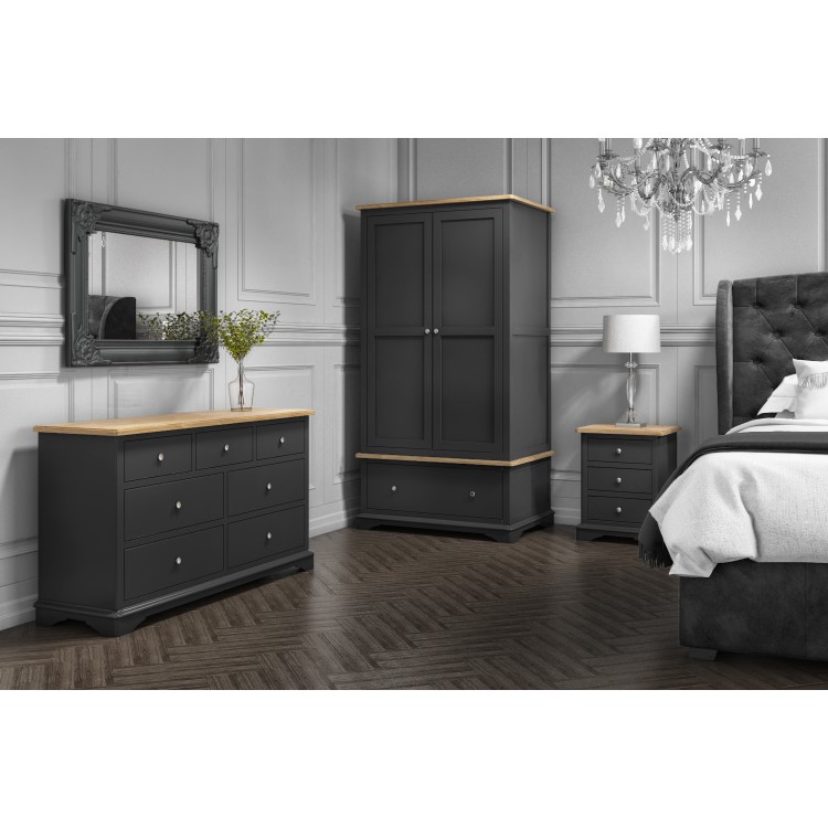 Darley Dark Grey Triple Wardrobe in Solid Oak with Drawers