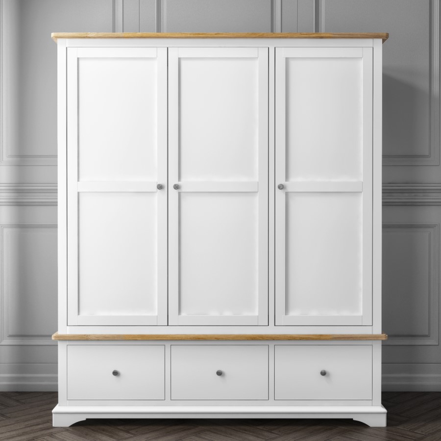 Darley White Triple Wardrobe in Solid Oak with Drawers