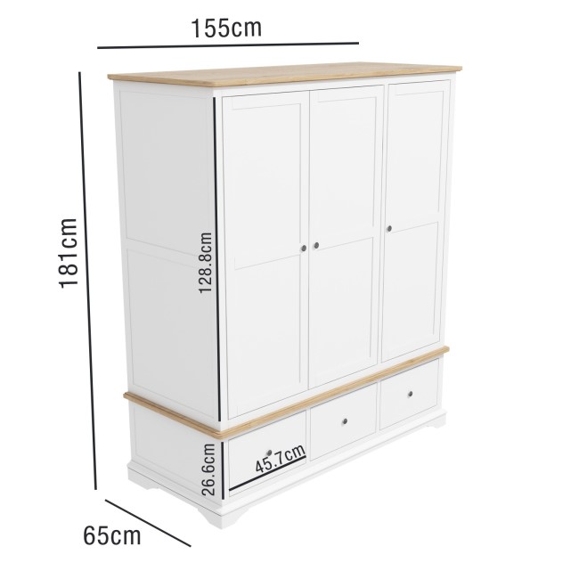 Darley White Triple Wardrobe in Solid Oak with Drawers