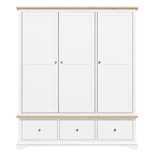 Darley White Triple Wardrobe in Solid Oak with Drawers