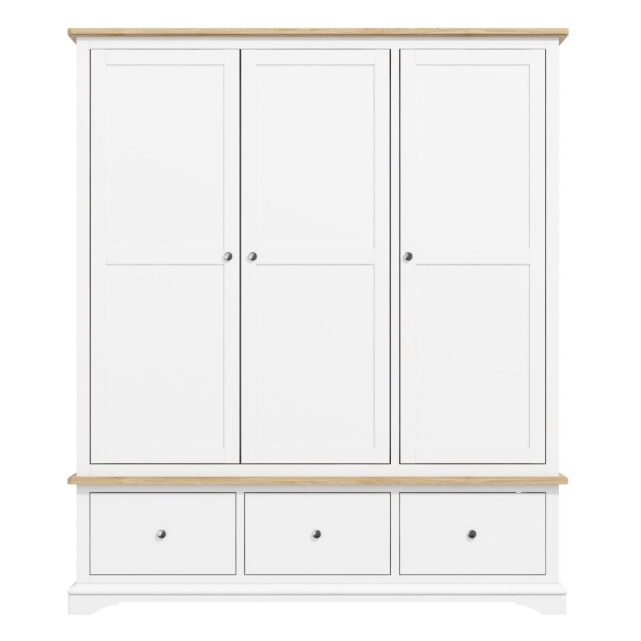 Darley White Triple Wardrobe in Solid Oak with Drawers