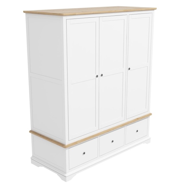 Darley White Triple Wardrobe in Solid Oak with Drawers