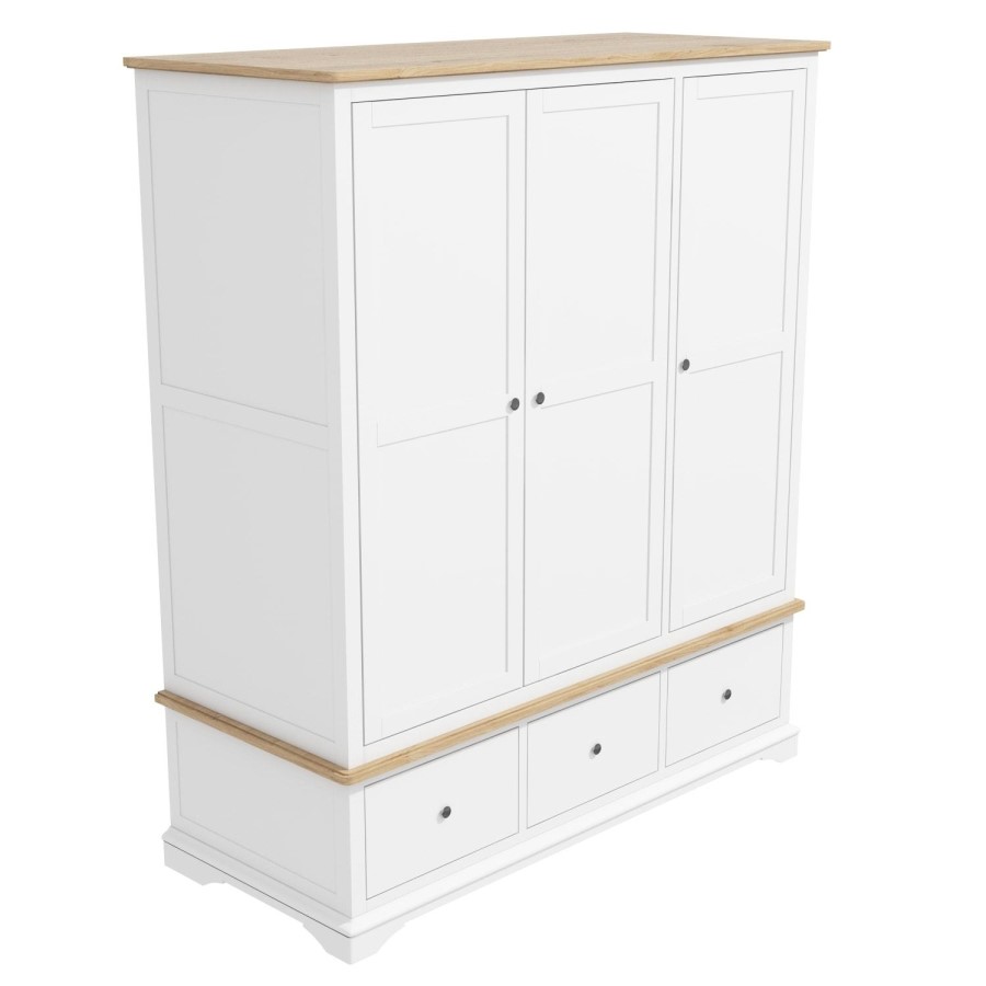 Darley White Triple Wardrobe in Solid Oak with Drawers