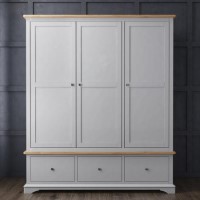 Grey Solid Oak 3 Door Triple Wardrobe with Drawers - Darley