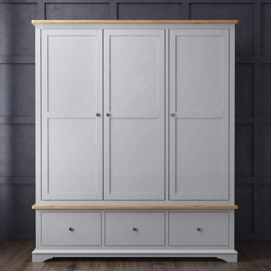Grey Solid Oak 3 Door Triple Wardrobe with Drawers - Darley
