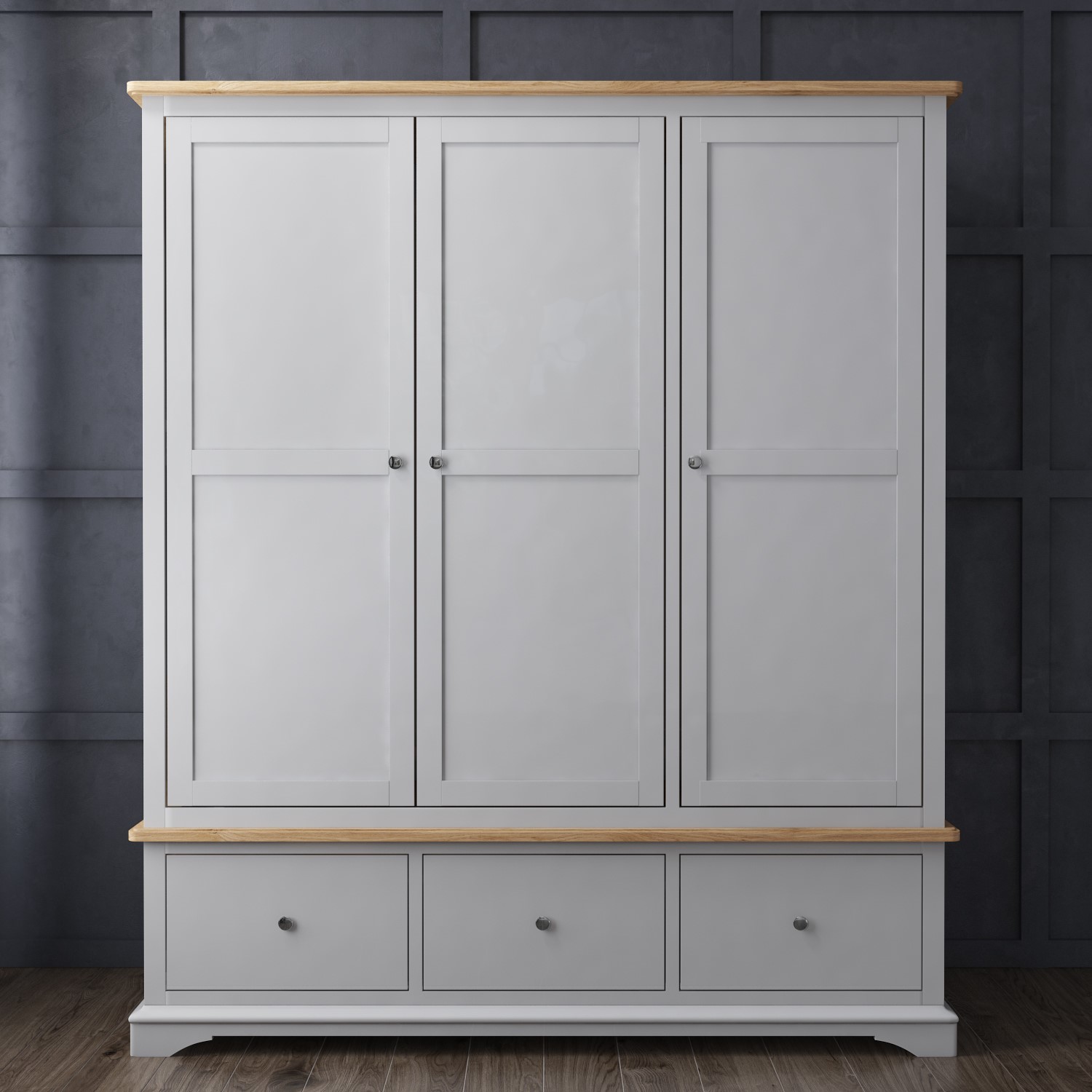 darley light grey triple wardrobe in solid oak with drawers furniture123