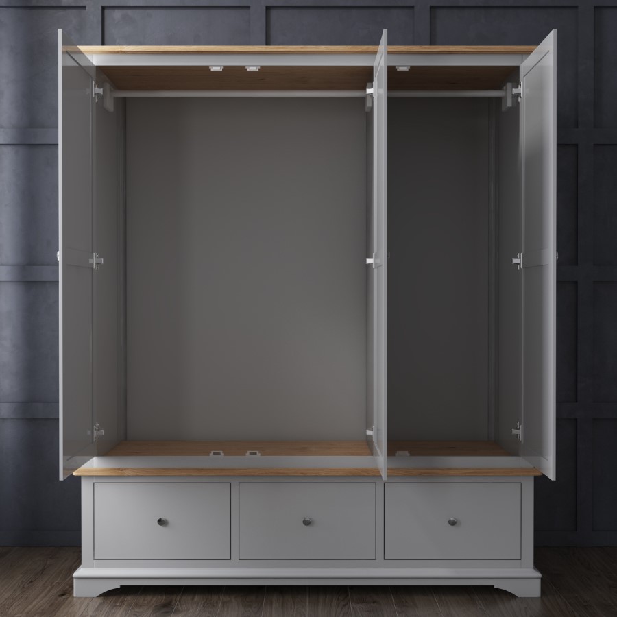 Grey Solid Oak 3 Door Triple Wardrobe with Drawers - Darley