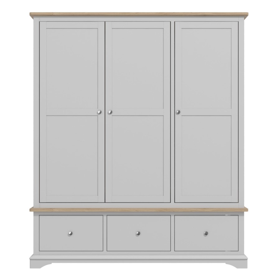 Grey Solid Oak 3 Door Triple Wardrobe with Drawers - Darley