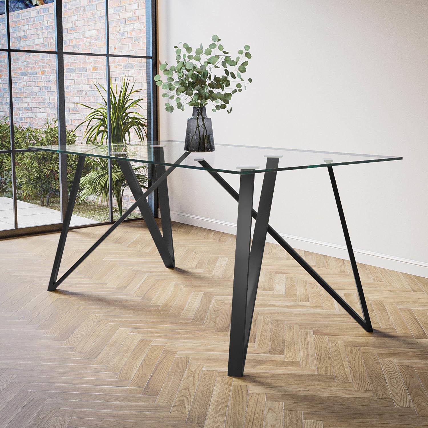 Photo of Glass top dining table with black metal legs - seats 6 - dax