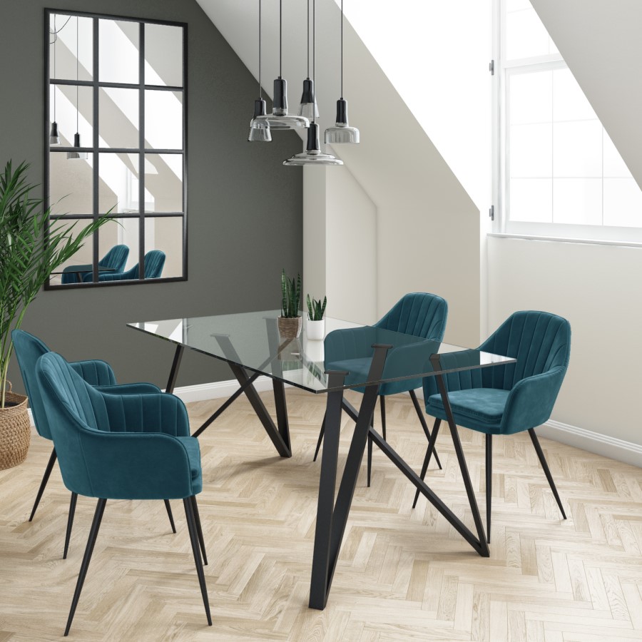 GRADE A1 - Glass Dining Table with Black Metal Legs- Seats 6 - Dax