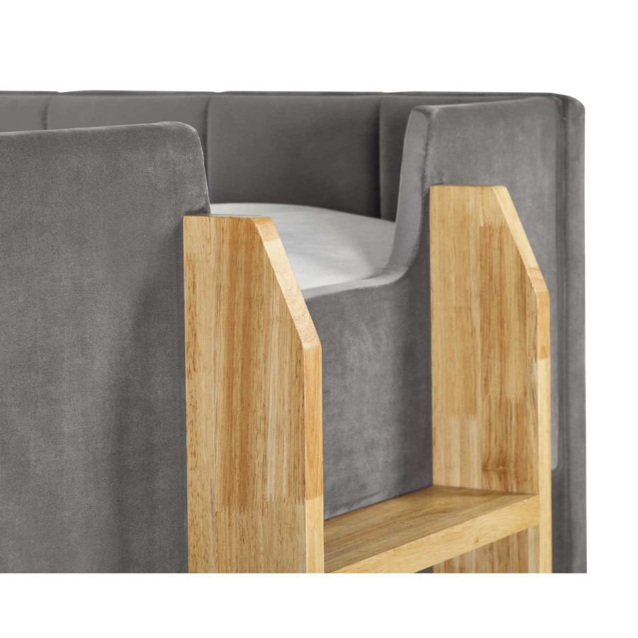 Grey Velvet Bunk Bed with Light Wood Ladder - Daytona