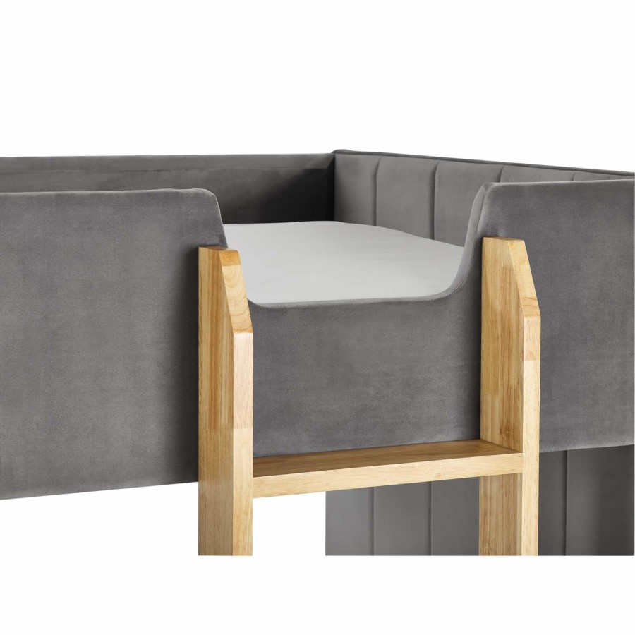 Grey Velvet Bunk Bed with Light Wood Ladder - Daytona