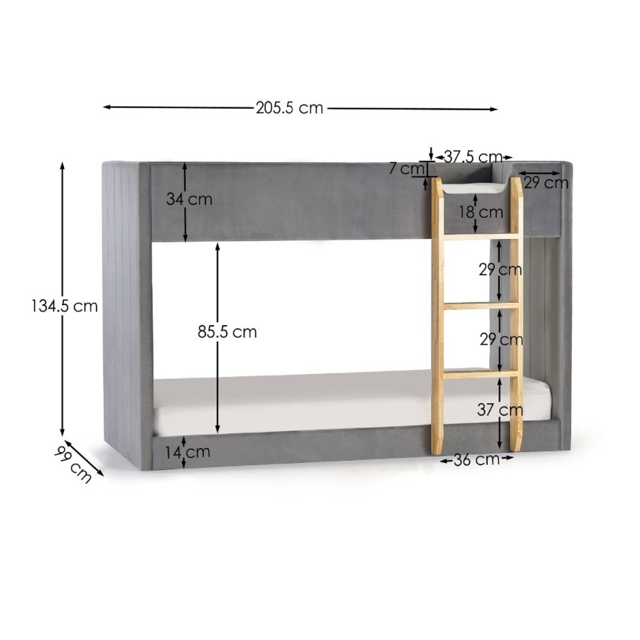 Grey Velvet Bunk Bed with Light Wood Ladder - Daytona