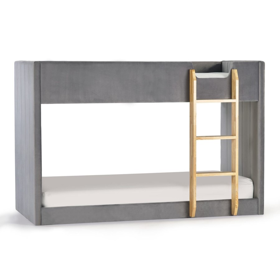 Grey Velvet Bunk Bed with Light Wood Ladder - Daytona