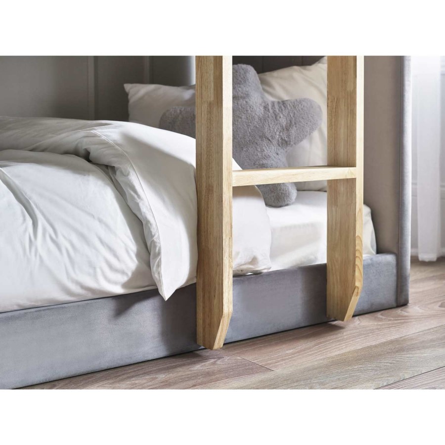 Grey Velvet Bunk Bed with Light Wood Ladder - Daytona