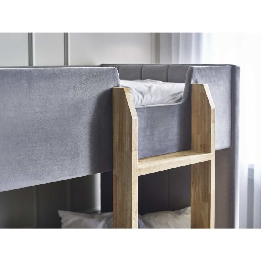 Grey Velvet Bunk Bed with Light Wood Ladder - Daytona