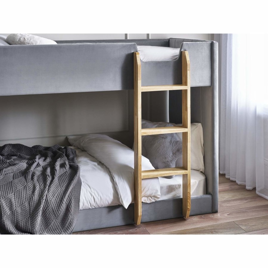 Grey Velvet Bunk Bed with Light Wood Ladder - Daytona