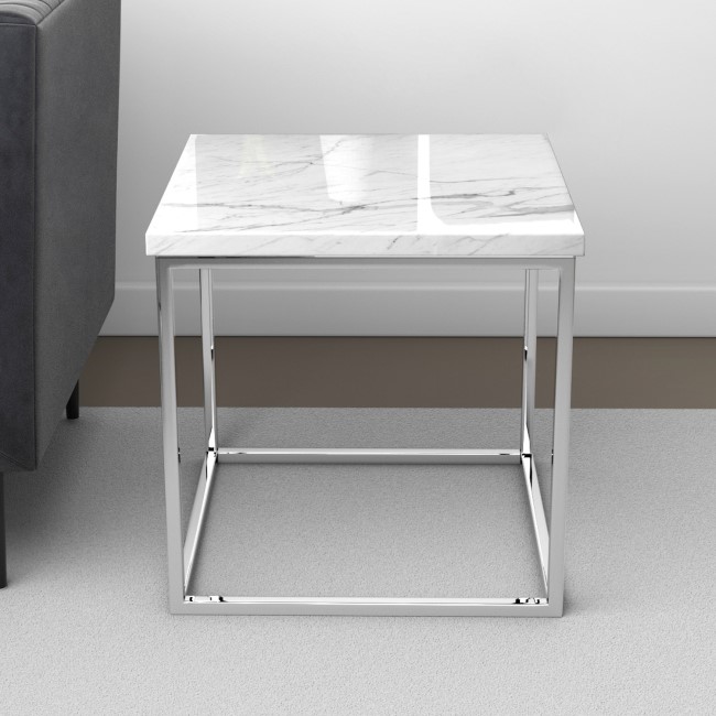 Square White Marble Effect Top Side Table with Chrome Legs - Demi