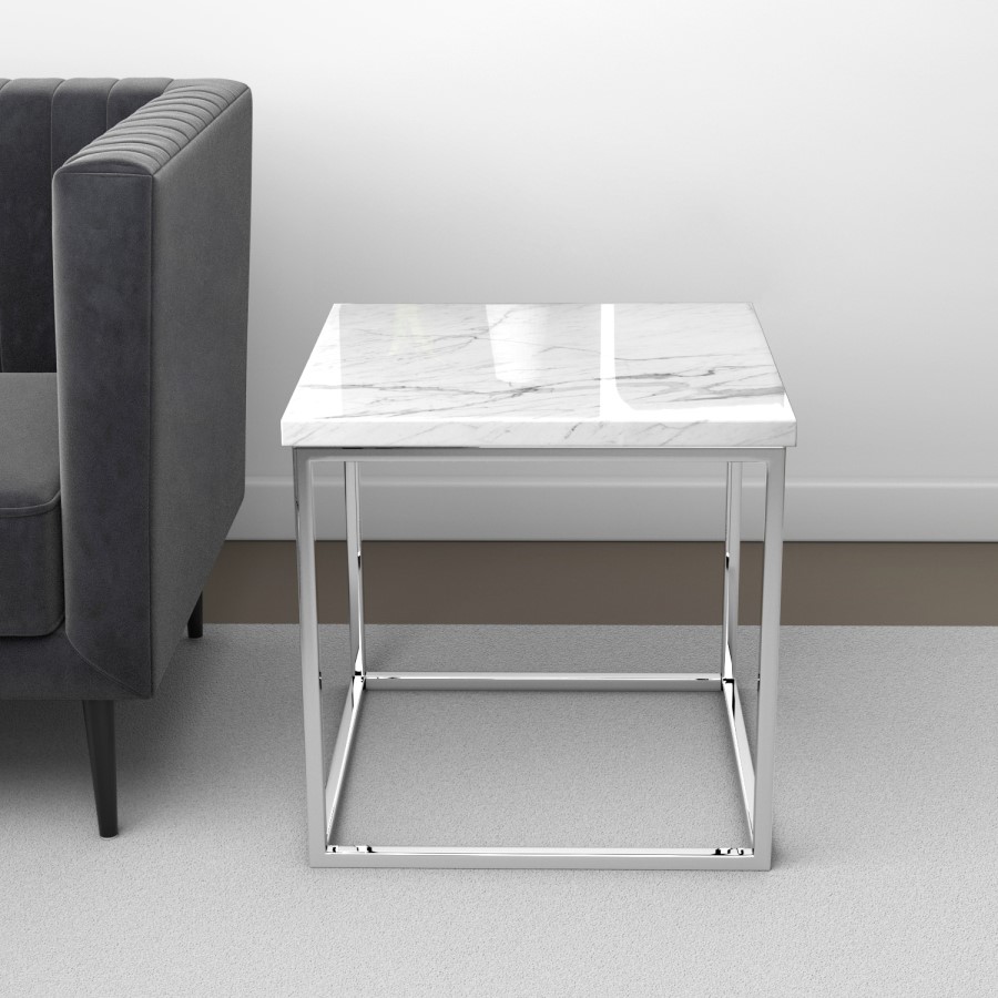 GRADE A2 - Square White Marble Effect Side Table with Chrome Legs - Demi