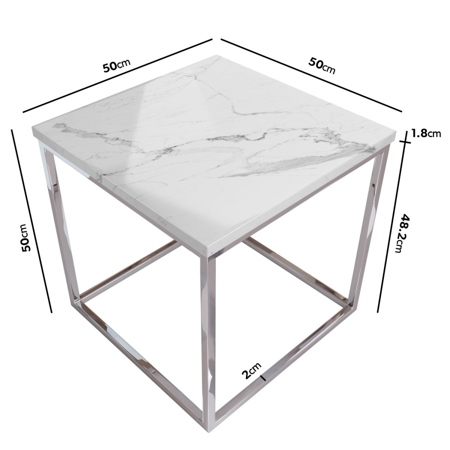 Square White Marble Effect Top Side Table with Chrome Legs - Demi