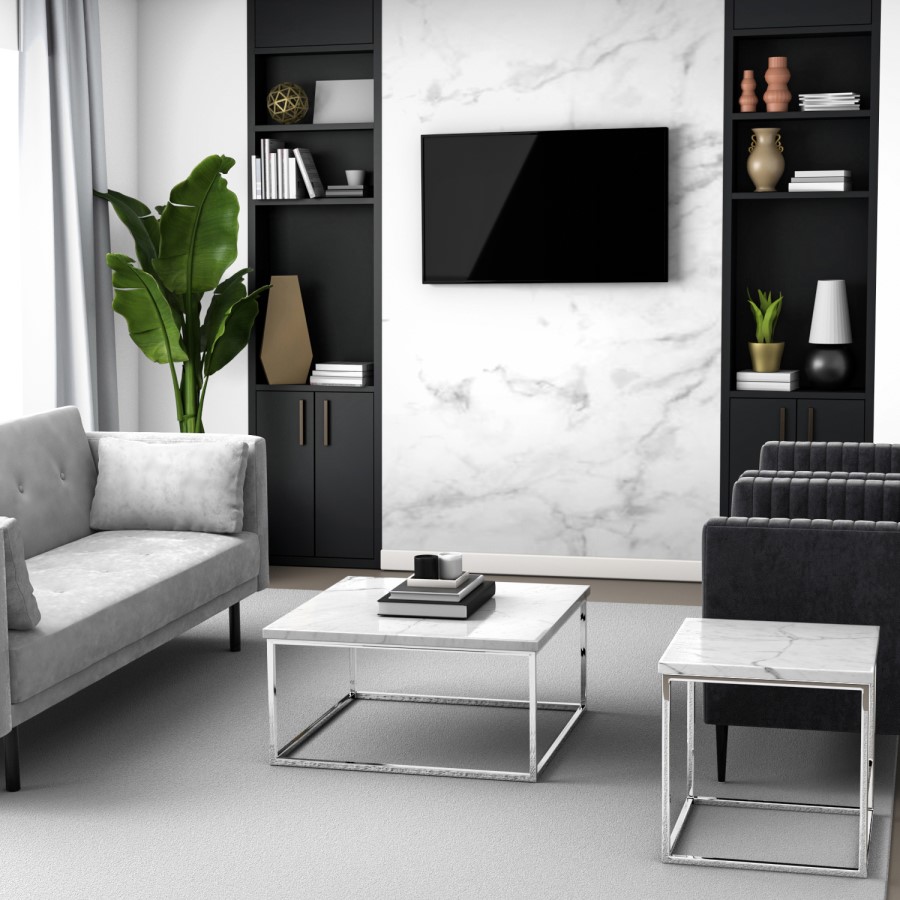 GRADE A2 - Square White Marble Effect Side Table with Chrome Legs - Demi
